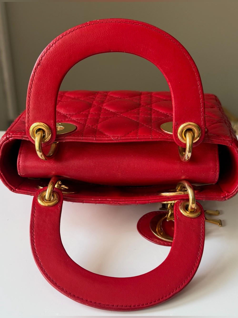 Christian Dior Lady Dior Mini Cannage Lambskin Bag Red Gold Hardware w/ Strap - Picture 8 of 13